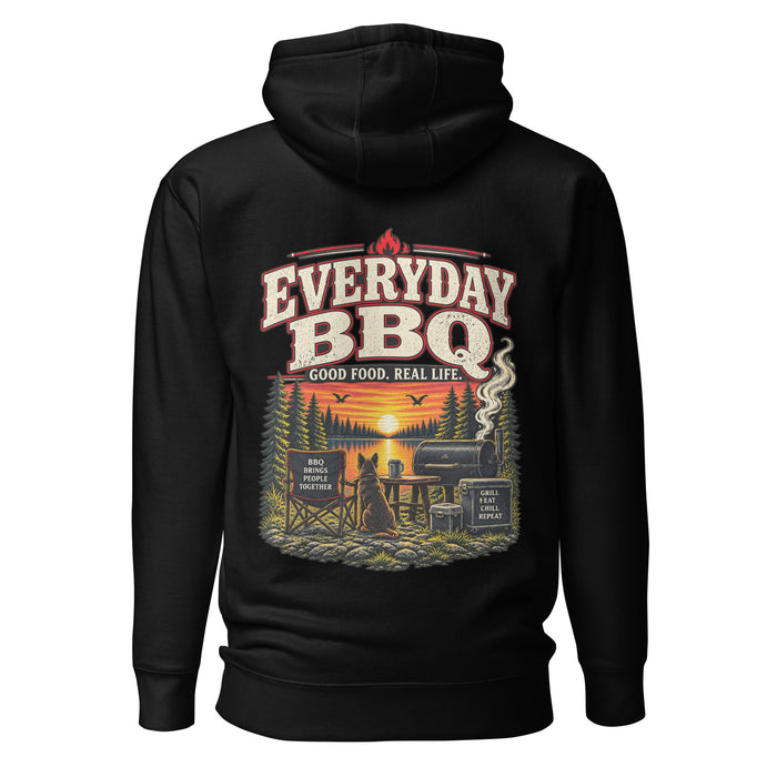 Everyday BBQ Premium Pitmaster Hoodie in black, back graphic view